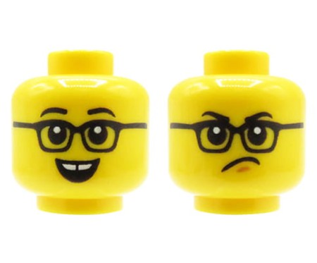 LEGO głowa / główka ludzika - mężczyzna, okulary, dwustronna, uśmiech z przerwą między zębami / skrzywiona mina