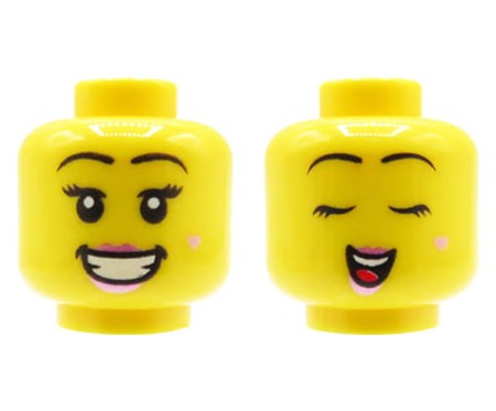 Głowa ludzika LEGO w kolorze żółtym, damska, jasne różowe błyszczące usta, dwustronna (szeroki uśmiech / zamknięte oczy)