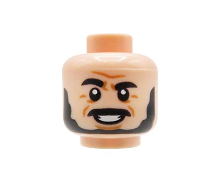 Głowa ludzika LEGO w kolorze cielistym (light nougat), mężczyzna, czarna broda, uśmiech