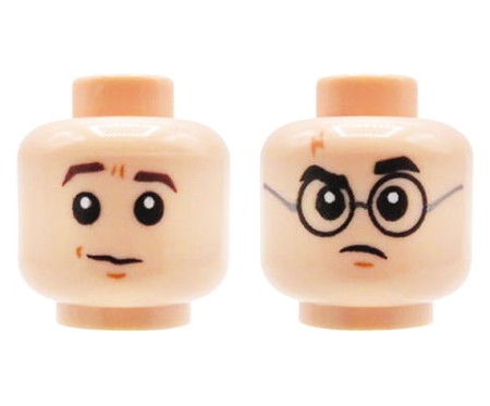 Głowa ludzika LEGO w kolorze cielistym (light nougat), mężczyzna / chłopak, dwustronna (uniesiona brew / okulary korekcyjne)