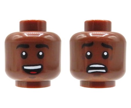 Głowa ludzika LEGO w kolorze brązowym (reddish brown), mężczyzna, dwustronna (uśmiechnięta / przestraszona mina)