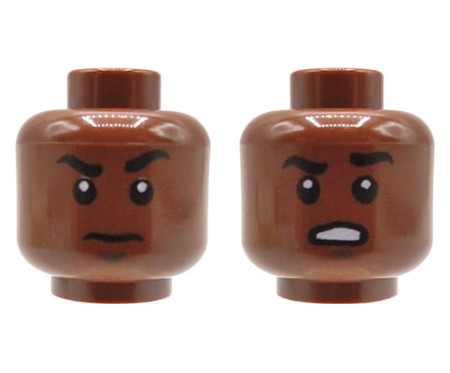 Głowa ludzika LEGO w kolorze brązowym (reddish brown), męska, wkurzona mina, dwustronna (zamknięte / otwarte usta).