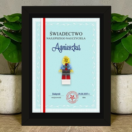 Ramka z personalizowaną figurką z części LEGO dla nauczyciela – prezent na Dzień Nauczyciela i koniec roku szkolnego