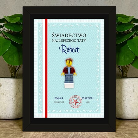 Ramka z personalizowaną figurką z części LEGO , dedykacją i tłem Świadectwo – oryginalny prezent dla taty lub mamy