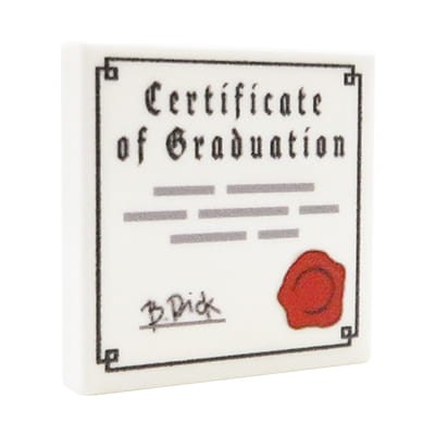 Custom LEGO - Dyplom ukończenia szkoały / Certificate of Graduation - customowy nadruk od Extra Extra Bricks na płytce LEGO® (kolor biały, rozmiar 2x2)