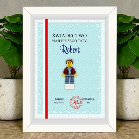 Ramka z personalizowaną figurką z części LEGO , dedykacją i tłem Świadectwo – oryginalny prezent dla taty lub mamy
