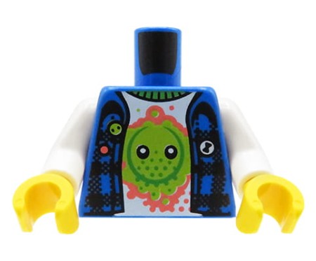 Tors minifigurki LEGO, niebieska koszula bez rękawów, biała koszulka z zielonym stworkiem