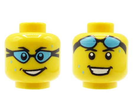 Głowa / główka figurki LEGO, mężczyzna w okularach do pływania, nadruk dwustronny, okulary na oczach / okulary na czole, szeroki uśmiech
