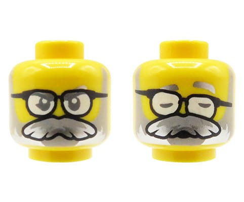 Zum Produkt Kopf einer LEGO Minifigur – Mann, grauer Bart und Schnurrbart, Brille