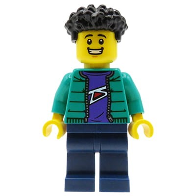 Minifigurka LEGO City mężczyzna / nastolatek z kręconymi, czarnymi włosami, uśmiechnięta buzia, turkusowa kurtka, granatowe spodnie