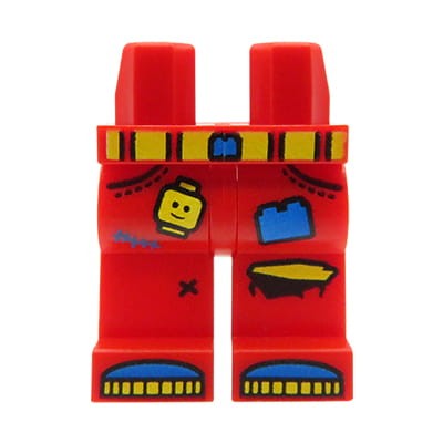 LEGO nogi / nóżki figurki - czerwone spodnie z żółtym paskiem i naszywkami