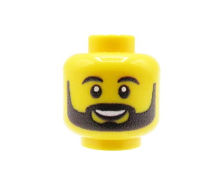 Custom LEGO Minifigurenkopf – gelber Mann mit schwarzem Bart, Schnurrbart und Augenbrauen, lächelnd – mit personalisiertem Druck von Extra Extra Bricks