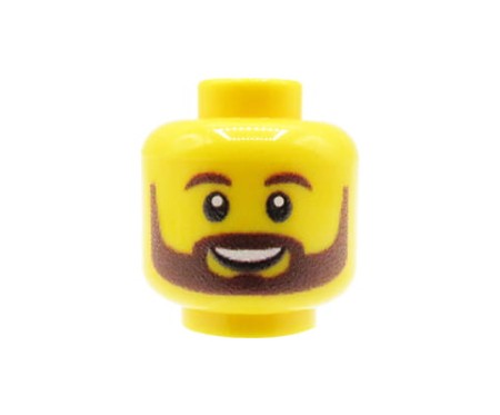 Custom LEGO Minifigurenkopf – gelber Mann mit braunem Bart, Schnurrbart und Augenbrauen, lächelnd – mit personalisiertem Druck von Extra Extra Bricks