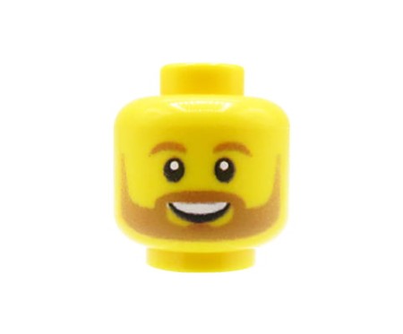 Custom LEGO Minifigurenkopf – gelber, lächelnder Mann mit hellbraunem Bart, Schnurrbart und Augenbrauen – mit personalisiertem Druck von Extra Extra Bricks