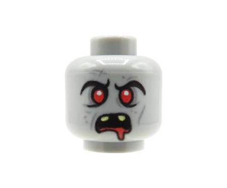 Główka LEGO custom zombie, zły mężczyzna, wystające zęby, krew wyciekająca z ust - customowy nadruk od Extra Extra Bricks