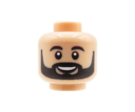 Główka LEGO custom mężczyzna, czarna broda, wąsy i brwi, szeroki uśmiech - customowy nadruk od Extra Extra Bricks