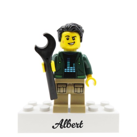 Personalizowana figurka LEGO® z kluczem i napisem - prezent dla mechanika, majsterkowicza i fana motoryzacji