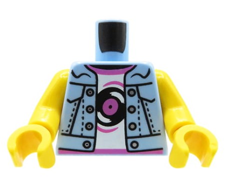 LEGO Minifiguren-Torso – weiblich, Jeansweste, weißes T-Shirt mit Schallplatten-Aufdruck