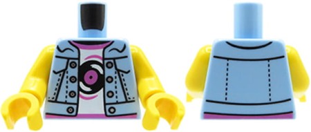 LEGO Minifiguren-Torso – weiblich, Jeansweste, weißes T-Shirt mit Schallplatten-Aufdruck