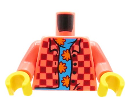 LEGO Minifiguren-Torso – offenes dunkelrotes kariertes Hemd, blaues T-Shirt mit Blumen-Aufdruck