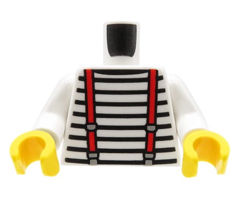 Zum Produkt Torso einer LEGO Minifigur – weiß gestreiftes Hemd, rote Hosenträger
