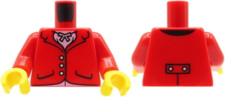 Torso einer LEGO Minifigur – rote Jacke, rosa Hemd, Halskette