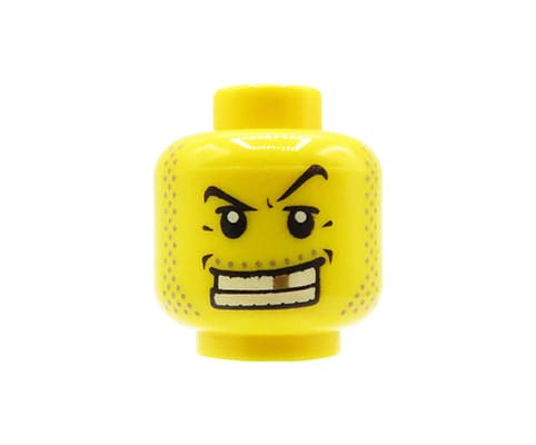 Zum Produkt LEGO Minifiguren-Kopf, männlich, Koteletten und Bartschatten, geöffneter Mund, Goldzahn