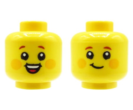 LEGO Minifigur-Kopf, Junge, beidseitig bedruckt, Rouge auf den Wangen, Schiefes Grinsen / Offenes Lächeln
