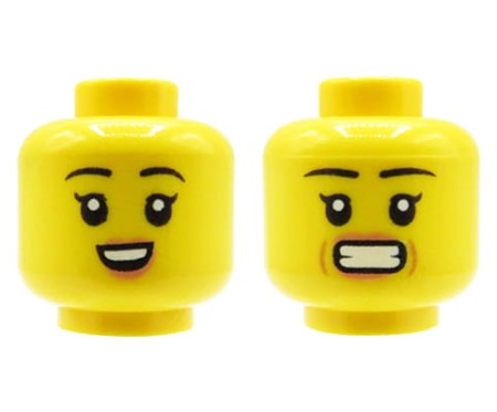 Tête de figurine LEGO, femme, double face, sourcils noirs, lèvres pêche, petit sourire / stressée