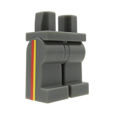 Nogi / spodnie figurki LEGO ciemne szare z czerwonymi i żółtymi paskami na boku nogawki