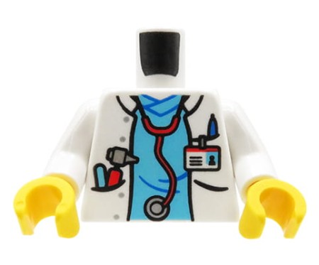 Torse de minifigure LEGO : docteur, tablier/blouse médicale avec stéthoscope, chemise bleue
