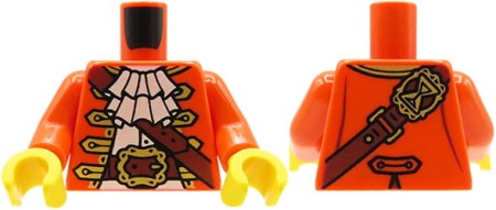 Tors figurki LEGO pirat, pomarańczowa marynarka, koszula z falbanami, brązowy pasek ze złotą klamrą, pasek na plecach