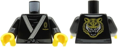 Torse pour figurine LEGO : kimono noir / robe ninja avec tête de tigre dorée au dos
