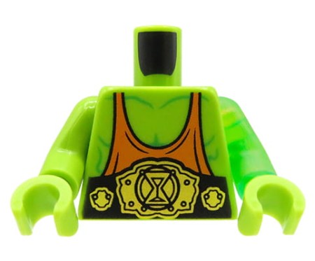 LEGO Minifiguren-Torso – oranges Trägershirt, schwarz-goldener Gürtel, „Z-Blob“-Aufdruck auf dem Rücken. Limettengrüner Körper mit transparentem hellgrünem linken Arm