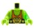 LEGO Minifiguren-Torso – oranges Trägershirt, schwarz-goldener Gürtel, „Z-Blob“-Aufdruck auf dem Rücken. Limettengrüner Körper mit transparentem hellgrünem linken Arm
