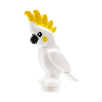 LEGO ptak / papuga kakadu w kolorze białym z żółtym grzebieniem i czarnym dziobem