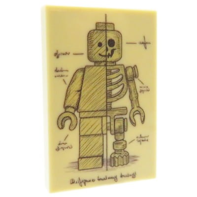 Custom LEGO ilustracja medyczna w stylu vintage z ludzikiem LEGO (pół klasyczna figurka, pół anatomiczny szkielet) - customowy nadruk od Extra Extra Bricks na beżowej płytce LEGO 2x3