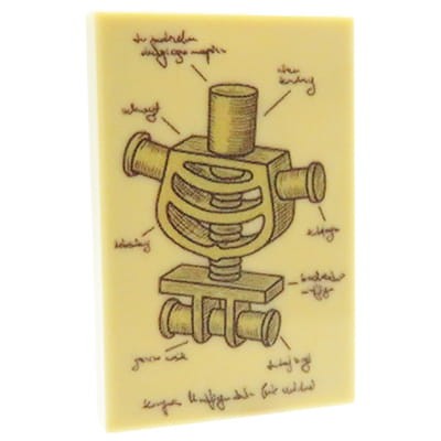 Custom LEGO -  Ilustracja / rycina medyczna w stylu vintage przedstawiająca klatkę piersiową / szkielet ludzika LEGO, customowy nadruk UV wykonany na beżowej płytce LEGO 2x3 od Extra Extra Bricks