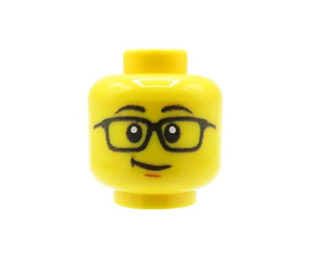 Custom LEGO Minifigur Kopf Mann mit Brille und schiefem Lächeln, gelbes Gesicht – custom bedruckt auf LEGO® Kopf von Extra Extra Bricks