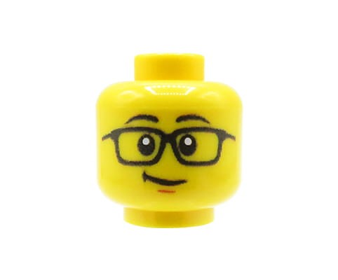 Accéder au produit Tête de figurine (masculine, lunettes et sourire en coin, jaune) – Custom impression sur tête LEGO®