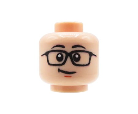 Custom LEGO Minifigur Kopf Mann mit Brille und schiefem Lächeln, Light Nougat Gesicht – custom bedruckt auf LEGO® Kopf von Extra Extra Bricks