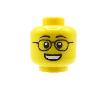 Custom LEGO Kopf – Mann mit Brille und breitem Lächeln, gelbes Gesicht – custom bedruckt auf LEGO®-Kopf von Extra Extra Bricks