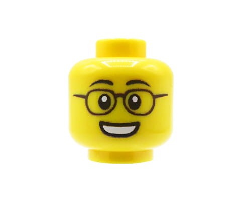 Accéder au produit Tête de figurine (masculine, lunettes et sourire, jaune) – Custom impression sur tête LEGO®