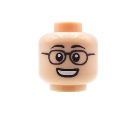 Główka LEGO custom w kolorze cielistym (light nougat) -  mężczyzna w okularach i z szerokim uśmiechem - customowy nadruk UV od Extra Extra Bricks