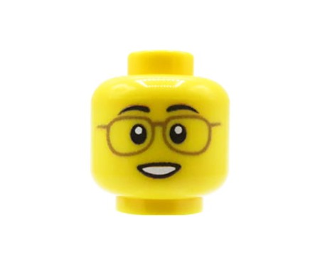Główka LEGO custom żółta, męska, okulary w srebrnych oprawkach, delikatny uśmiech – customowy nadruk UV od Extra Extra Bricks