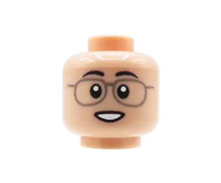 Główka LEGO custom w kolorze żółtym, mężczyzna w okularach z jasnymi oprawkami i delikatnym uśmiechem - nadruk UV od Extra Extra Bricks