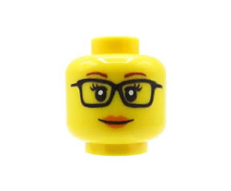 Custom LEGO Kopf – Frau mit Brille und neutralem Gesichtsausdruck, gelbes Gesicht – custom bedruckt auf LEGO®-Kopf von Extra Extra Bricks