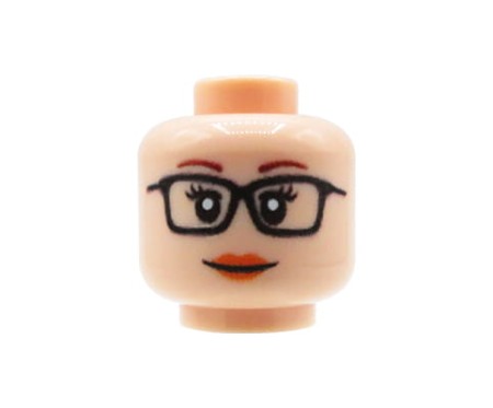 Główka LEGO custom cielista (light nougat), kobieta, okulary korekcyjne w czarnych oprawkach, neutralna twarz - nadruk UV od Extra Extra Bricks