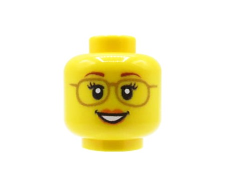 Główka LEGO custom w kolorze żółtym, kobieta w okularach z jasnymi oprawkami, szeroki uśmiech - nadruk UV od Extra Extra Bricks