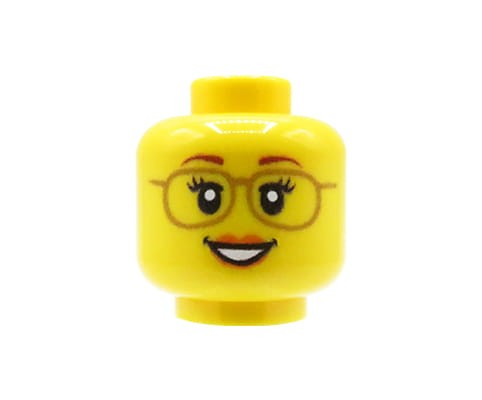 Zum Produkt Minifiguren-Kopf (weiblich, Brille und Lächeln, gelb) – Custom Druck auf LEGO® Kopf